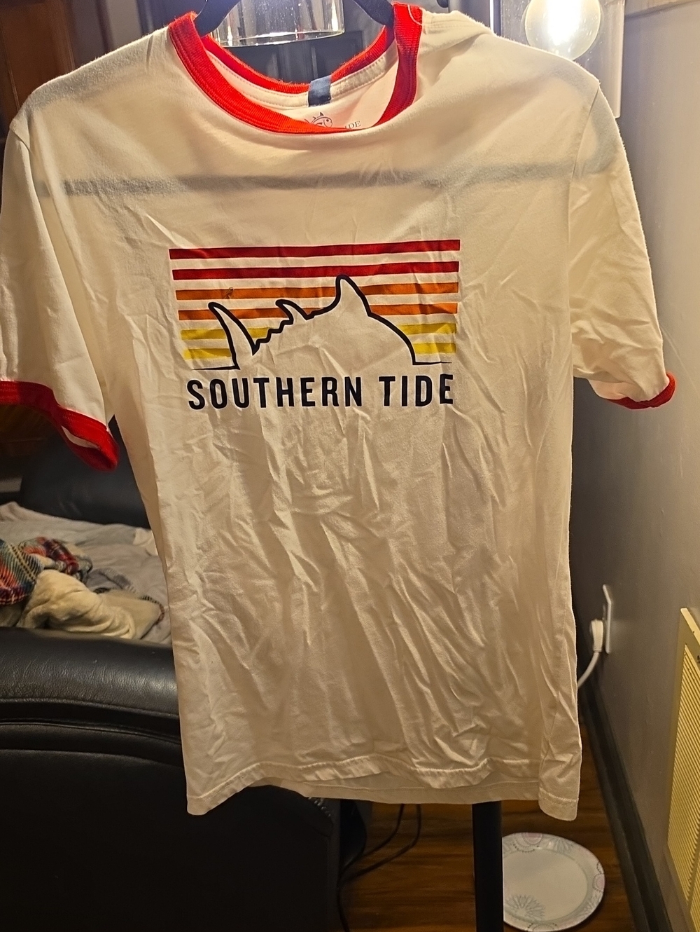 Southern Tide White Ringer Tee with Red Trim and Sunset Stripe